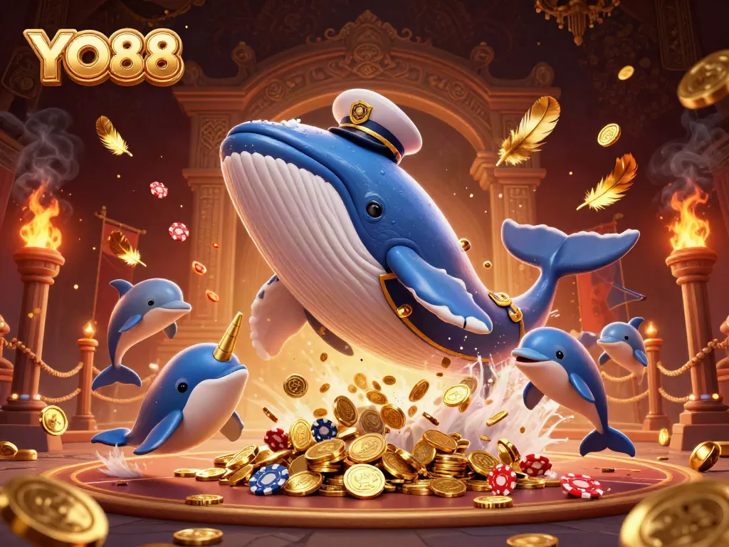 Engage with YO88's playful casino adventure featuring a dynamic whale, narwhal, and dolphins among coins.