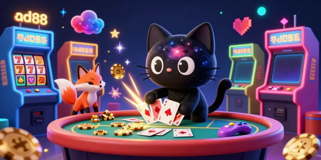 Engage with the vibrant scene of ad88, featuring a cosmic casino setting with a playful black hole cat and a nebula fox.