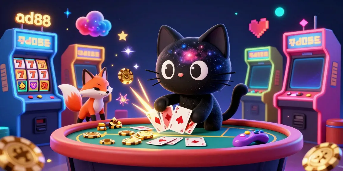 Engage with the vibrant scene of ad88, featuring a cosmic casino setting with a playful black hole cat and a nebula fox.
