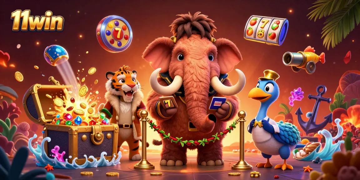 Experience the thrill of 11win with a vibrant casino scene featuring cartoon characters and dynamic game elements.