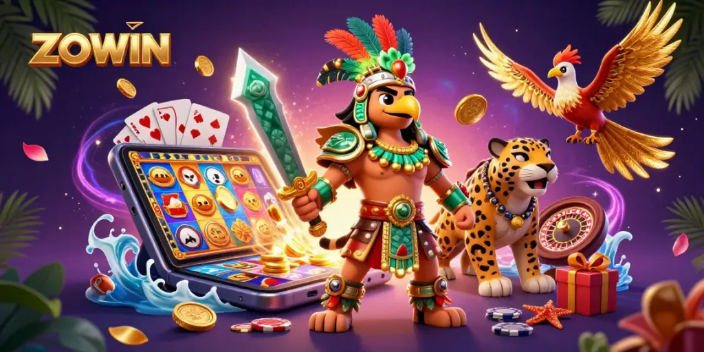 ZOWIN engages players with dynamic slot games and colorful casino elements in an artistic 3D scene.