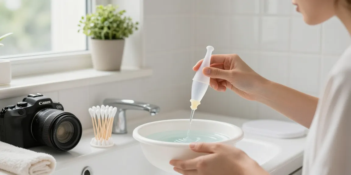 Using an ear plunger for ear cleaning in a bright bathroom with relaxing elements.