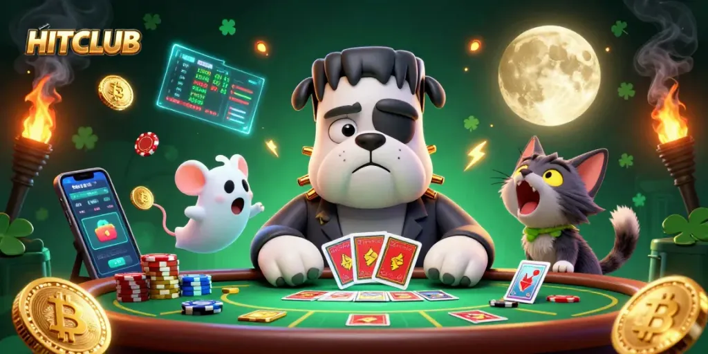 HITCLUB showcases a cartoon bulldog dealer at a spooky casino with neon coin action.