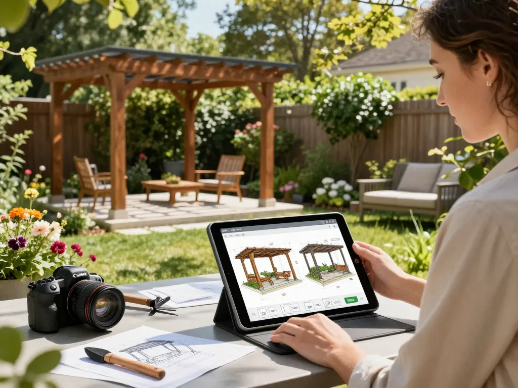 Designing customized 3D pergolas with a 3D Pergola Configurator in a sunny backyard.