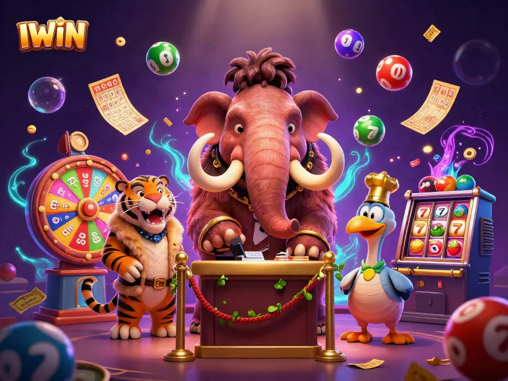 IWIN engages players in a vibrant casino scene with colorful lottery elements and dynamic characters.