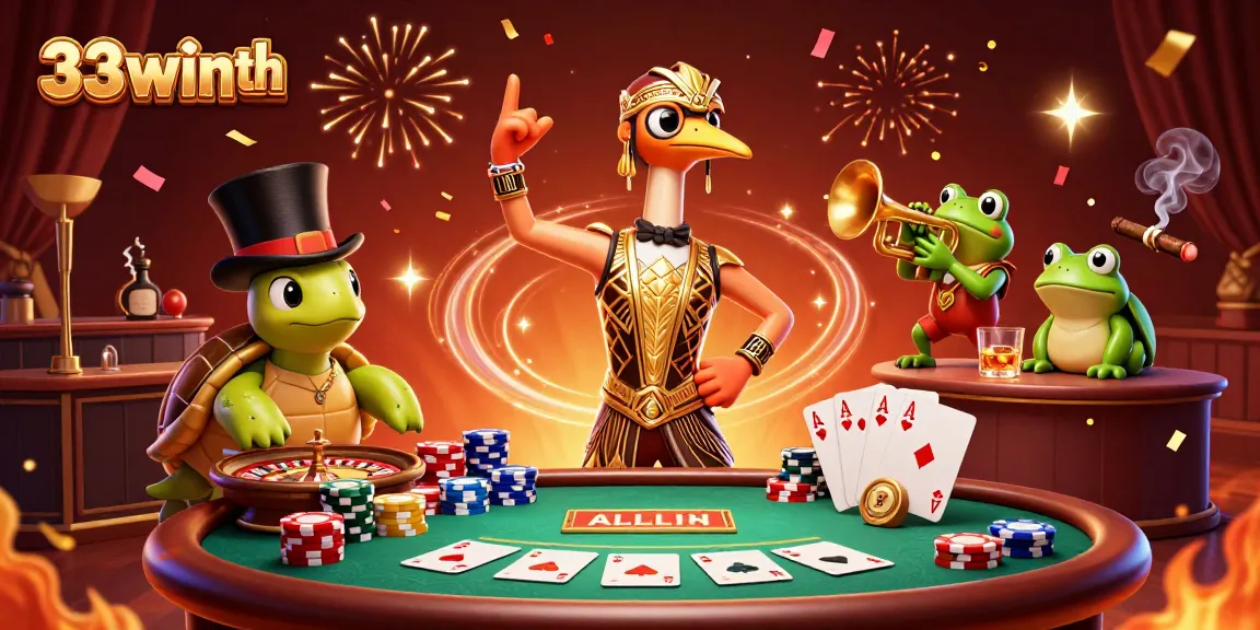 Get ready to play at 33winth with colorful casino elements and charming characters celebrating.