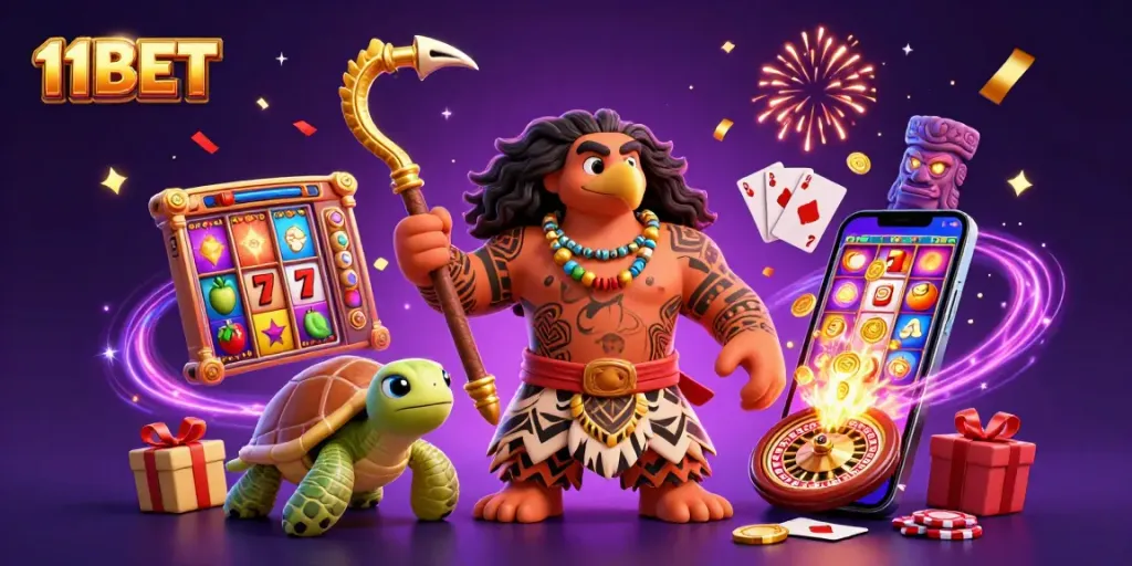 Play exciting slot games with 11BET in a vibrant 3D cartoon scene filled with adventure.