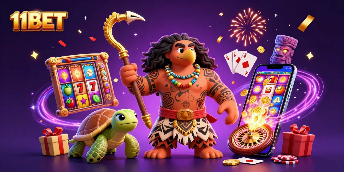 Play exciting slot games with 11BET in a vibrant 3D cartoon scene filled with adventure.