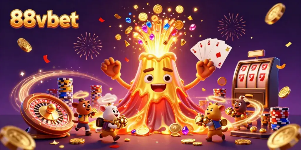 Experience the thrills of 88vbet with a vibrant 3D illustration of a golden volcano and treasures.
