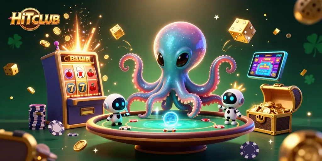 HITCLUB ignites excitement at a dynamic casino scene featuring alien characters and vibrant game elements.