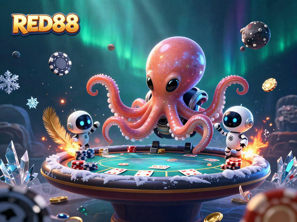 Join the fun at RED88 with an alien octopus dealer at a lively poker table.