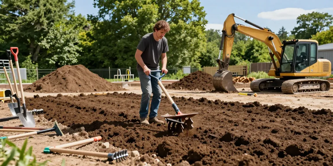 Ground preparation Ottawa with professional landscaper tilling soil for planting, showcasing high-quality landscaping efforts.