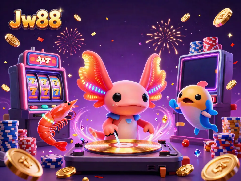 Engage with Jw88's vibrant casino world featuring neon characters and gaming excitement.