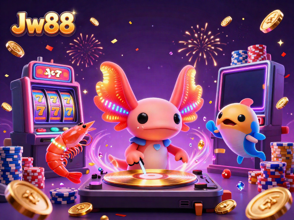 Engage with Jw88's vibrant casino world featuring neon characters and gaming excitement.
