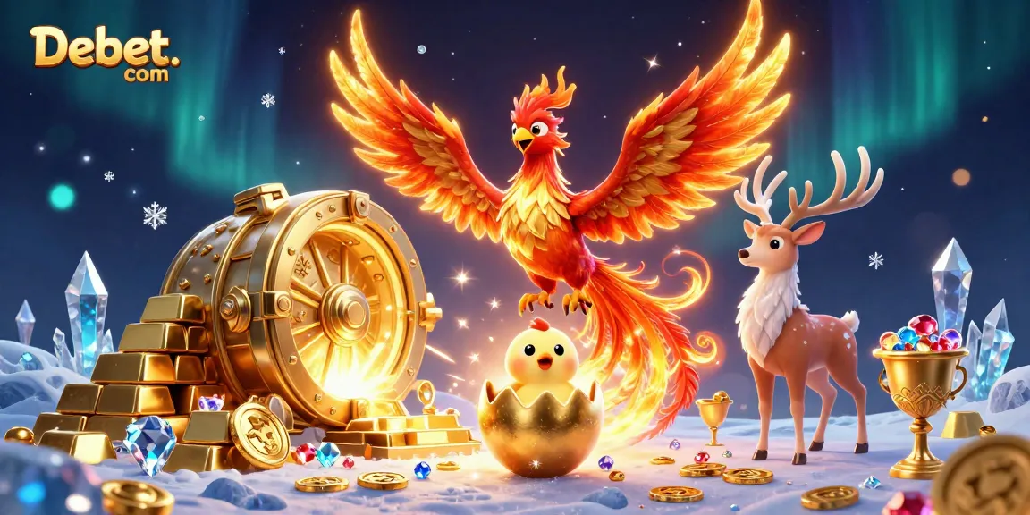 Experience the excitement at Debet. com with vibrant casino elements and a phoenix soaring high.