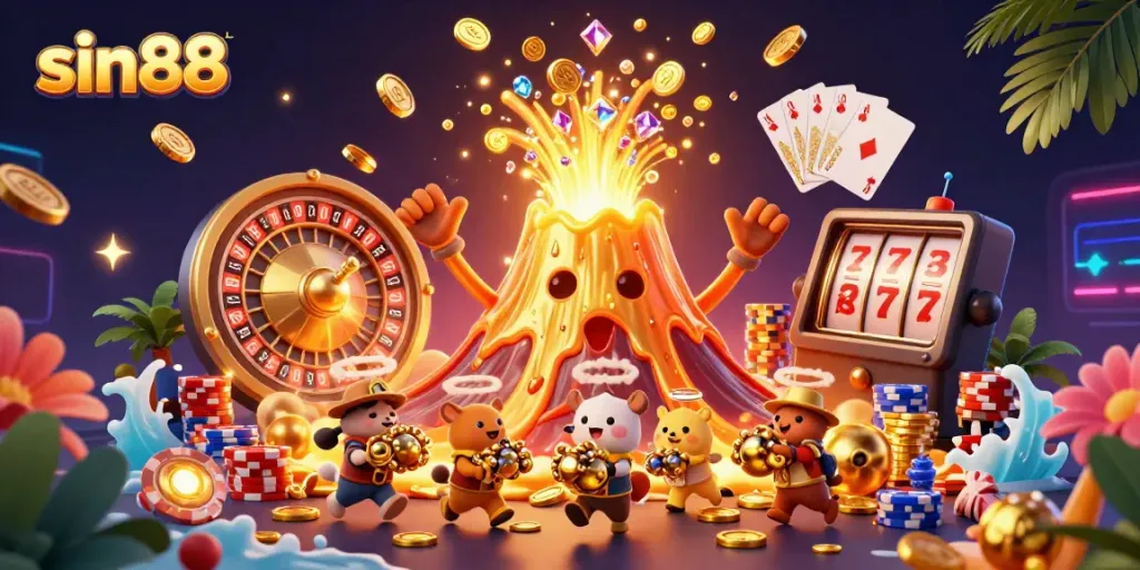 Experience the thrill of sin88 with a golden volcano erupting coins and gems amidst winning casino elements.