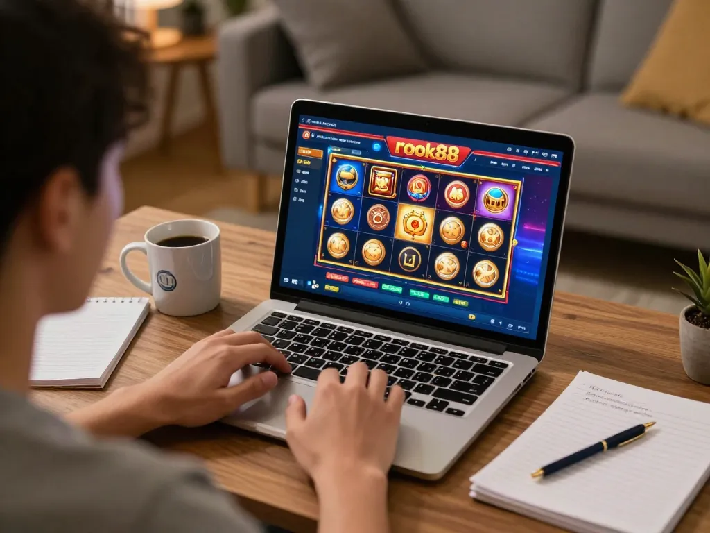 Pemain menikmati permainan slot rokok88 di laptop dalam suasana rumah yang nyaman, terlibat dalam permainan strategi.