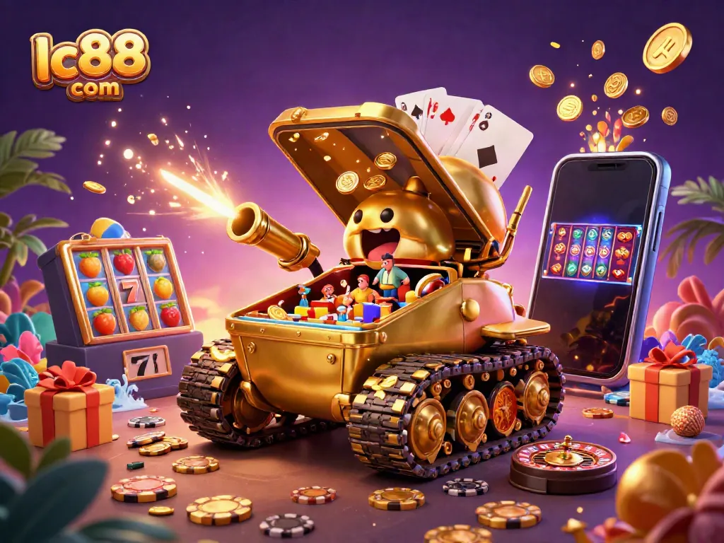Experience the excitement of lc88 com with a vibrant 3D casino scene featuring a golden beetle tank and slot game.