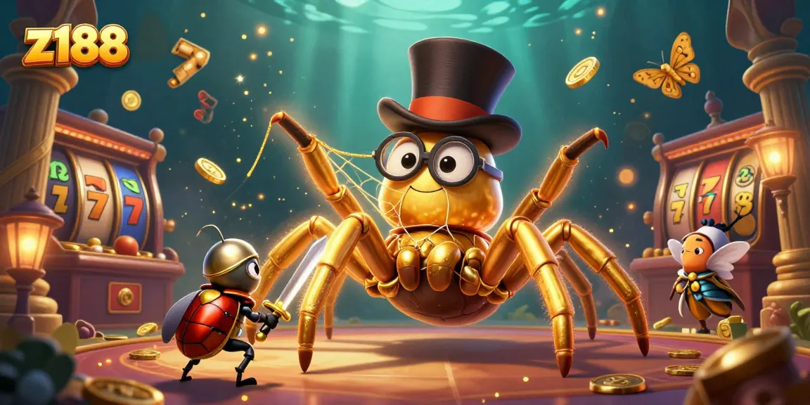 Engage in thrilling gaming adventures at z188 with a vibrant scene of slot reels and a golden tarantula.