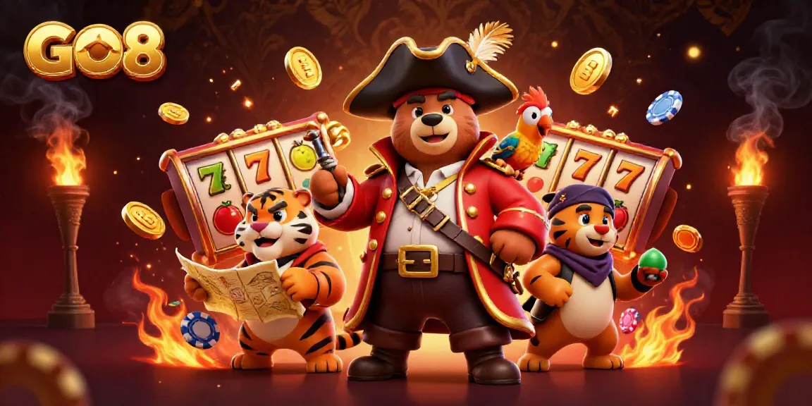 Engage with GO8 in this vibrant casino scene featuring cartoon characters and dynamic slot elements.
