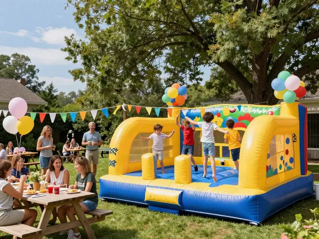 Children enjoying a bounce house at a sunny party, capturing joyful outdoor fun.