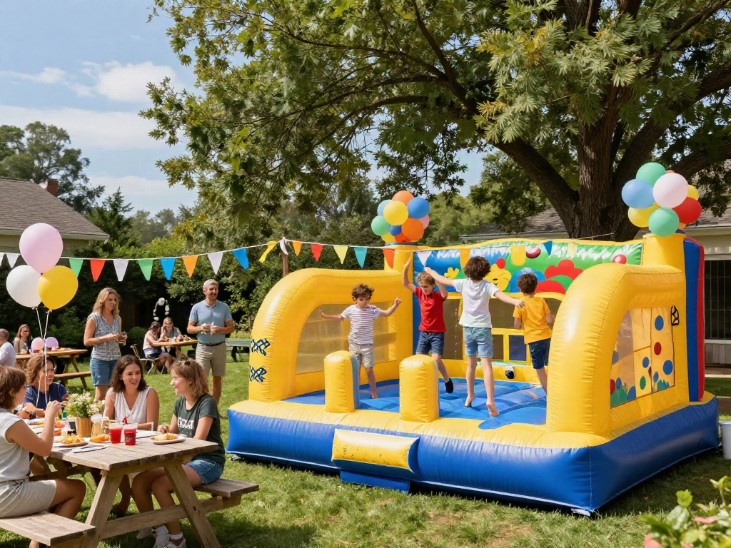 Children enjoying a bounce house at a sunny party, capturing joyful outdoor fun.