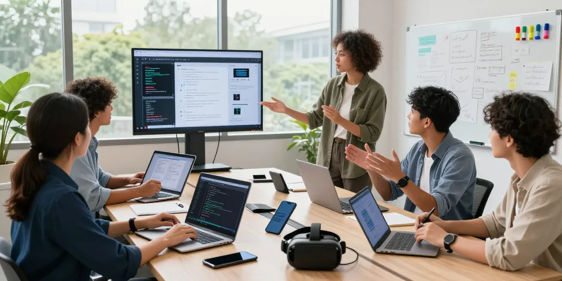 Telegram download showcased in a vibrant office collaboration scene with a diverse team working on technology projects.