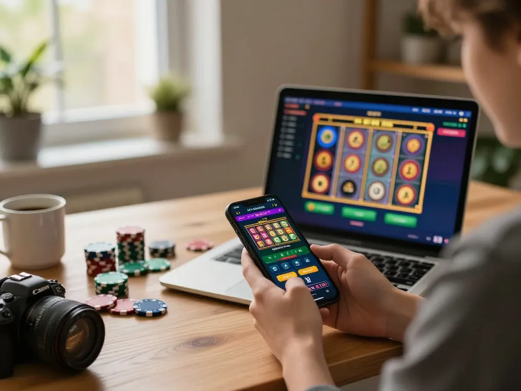 Player enjoying sunwingo smartphone casino app while sitting in stylish home office