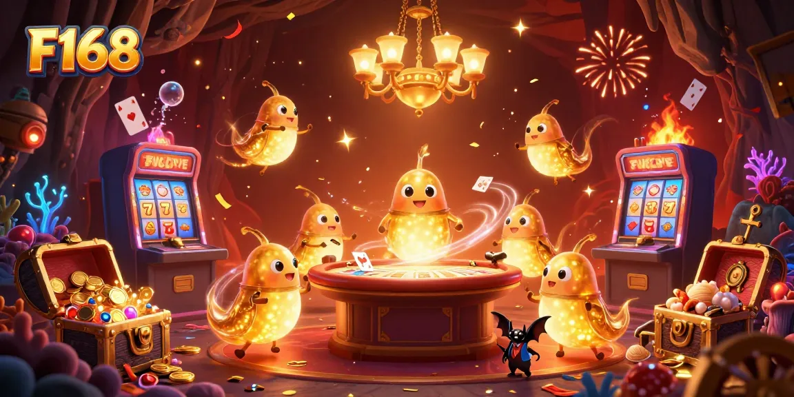 Engage with the vibrant energy of F168 in this illuminated casino scene with glowworms and a bat dealer.