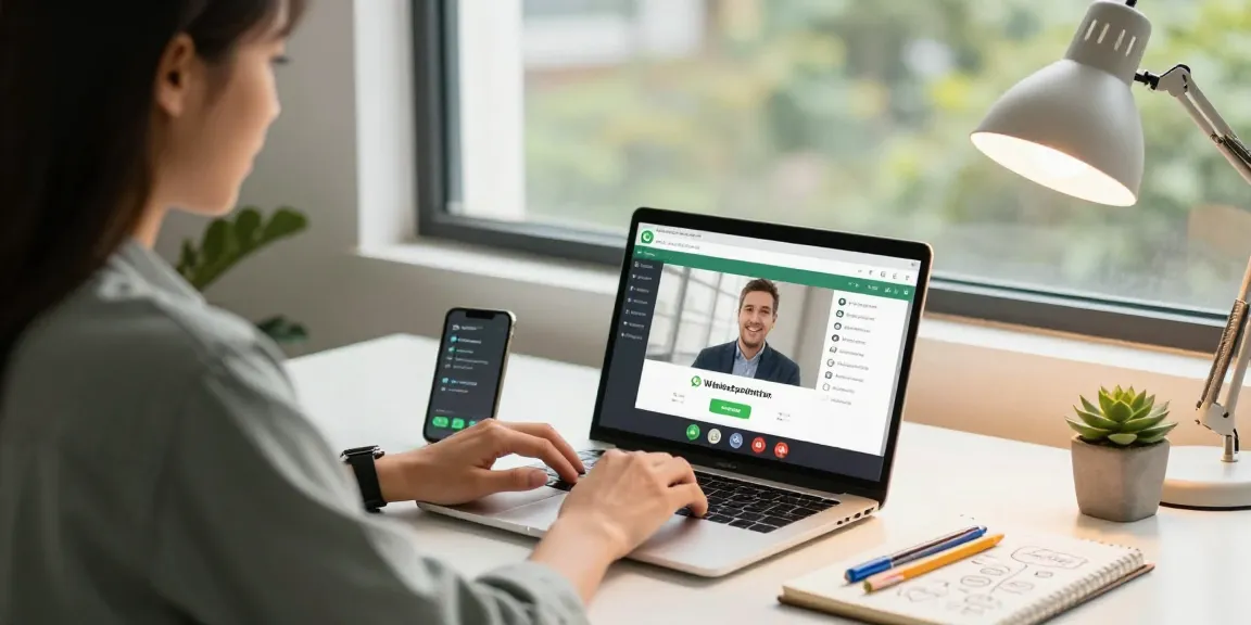 Using WhatsApp網頁版 in a modern home office during a video call, showcasing laptop, notebook, and plant.
