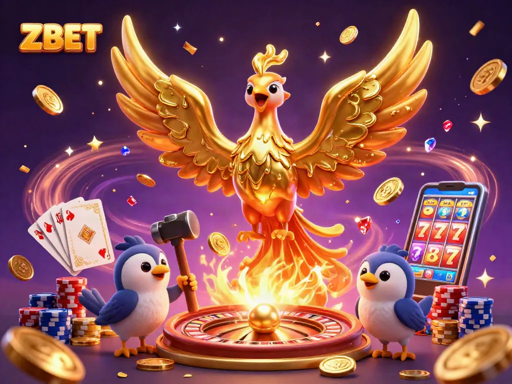 ZBET's exciting golden phoenix illustration captures the thrill of gaming with dynamic coins and cards.