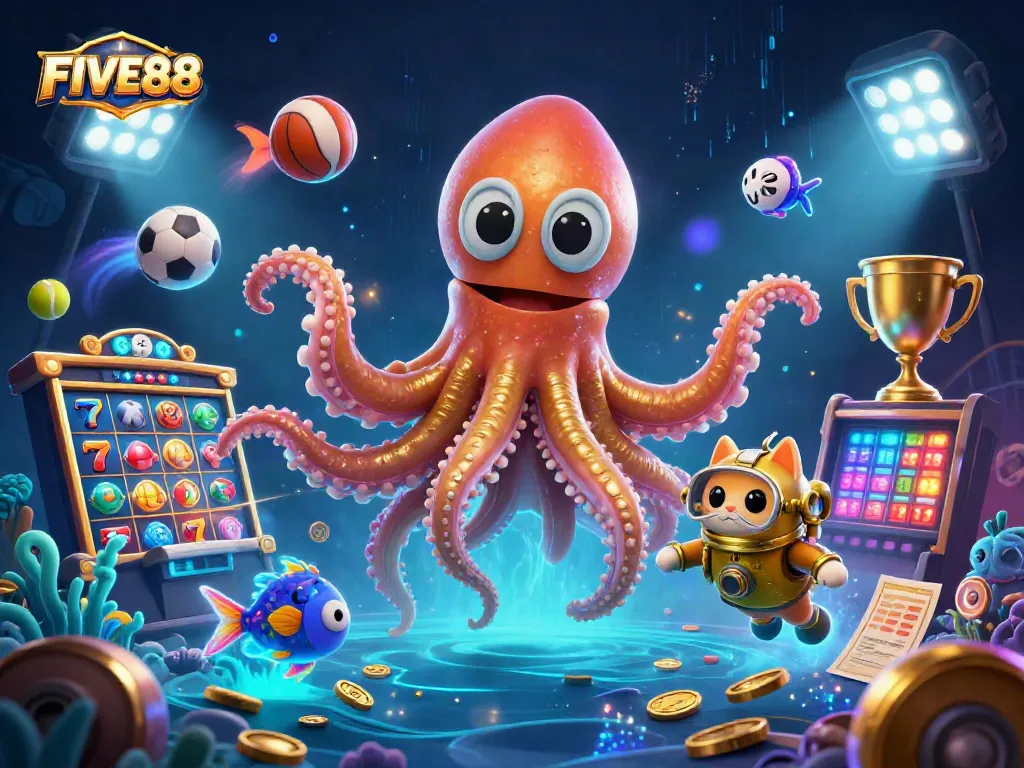 Engage with FIVE88's vibrant casino world featuring a colossal kraken and playful cat in an enchanting underwater treasure scene.