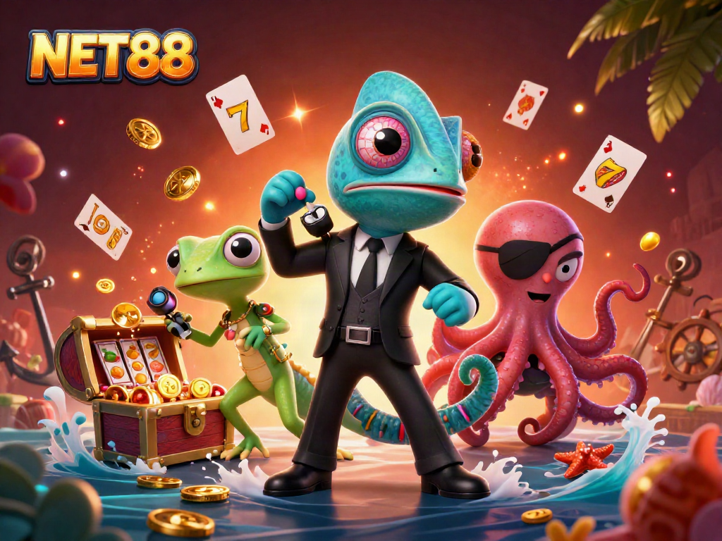 Experience NET88 with vibrant casino elements in an ultra-detailed 3D scene featuring unique characters.