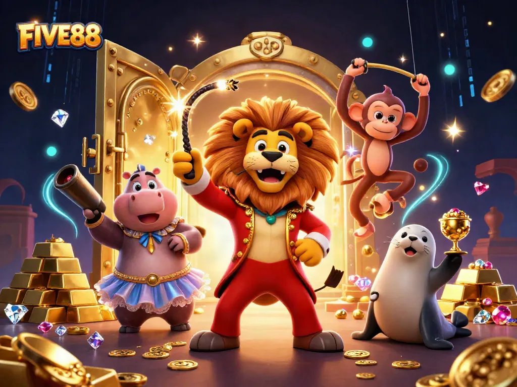 Experience thrilling casino adventures with FIVE88, featuring dynamic characters in a festive environment.