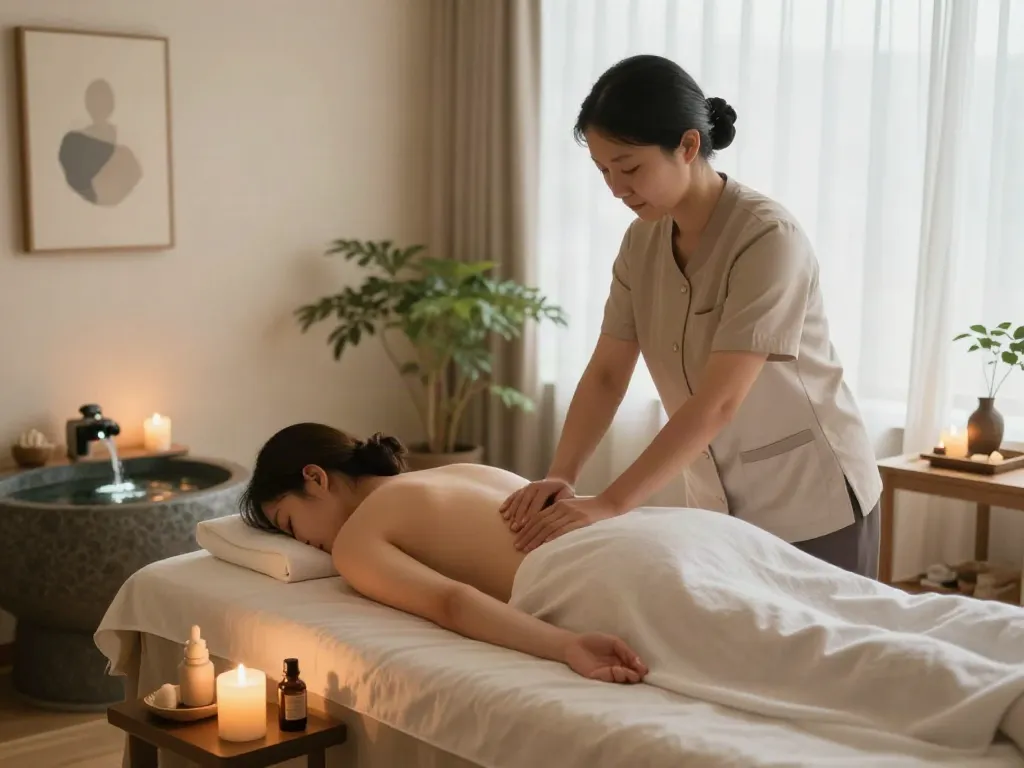 하남출장마사지 session in a tranquil massage studio with calming atmosphere and professional therapist.
