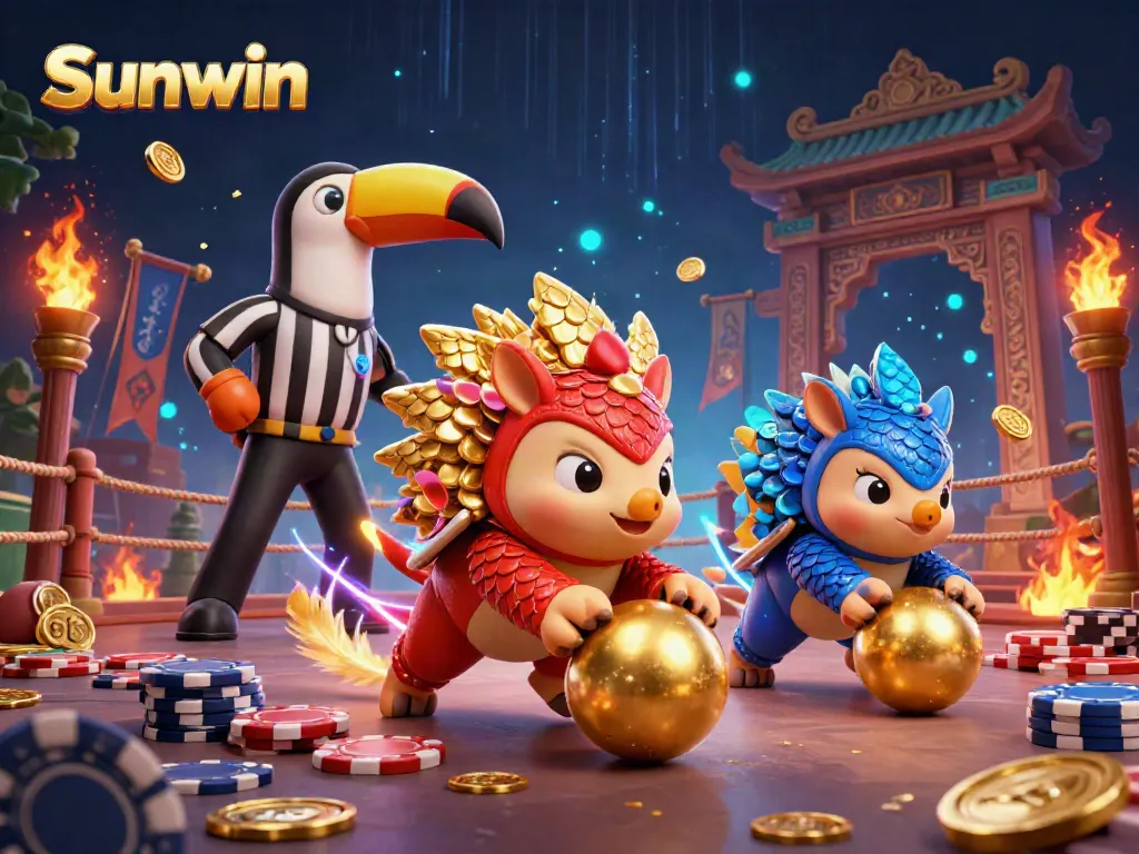 Action-packed scene with rival pangolins at Sunwin bowling through poker chips, surrounded by casino elements.