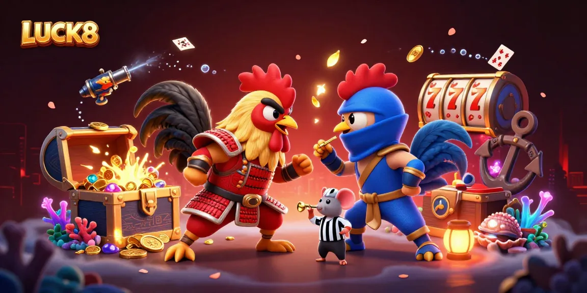 LUCK8 showcases a dynamic gambling scene featuring cartoon roosters and festive casino elements.