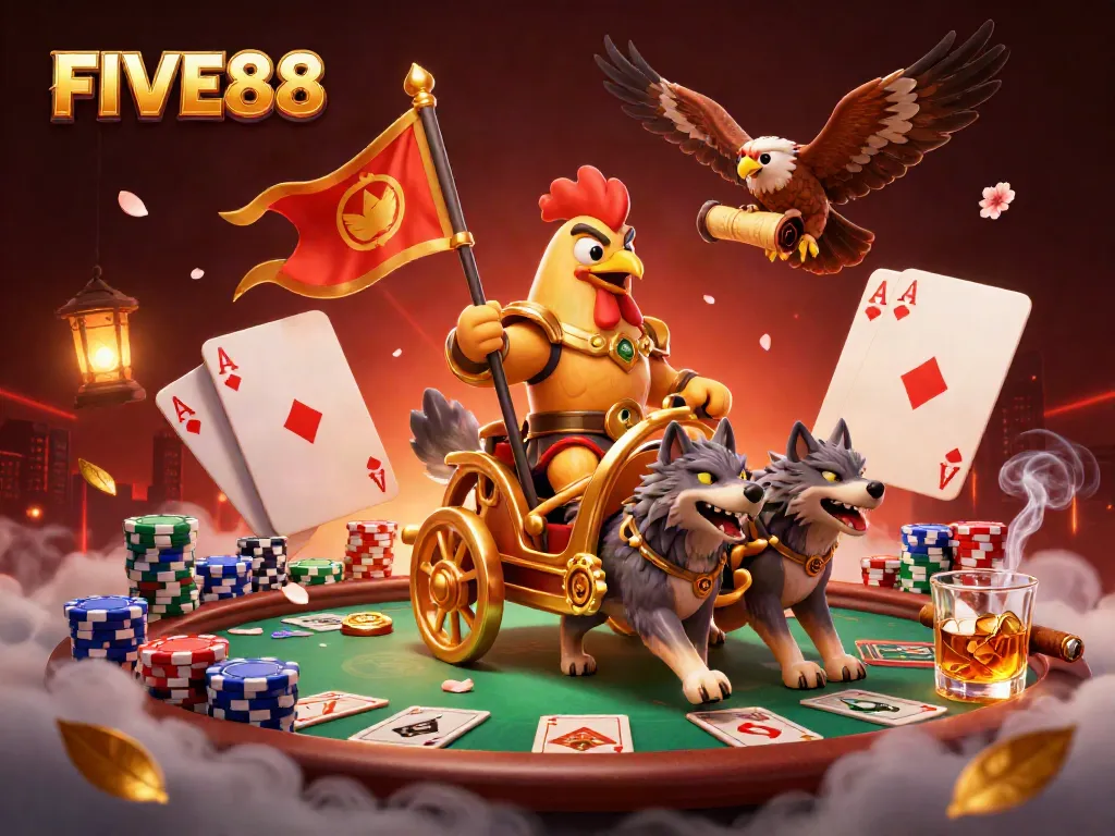 Experience the thrill at FIVE88 with a vibrant 3D illustrated casino scene filled with poker elements.