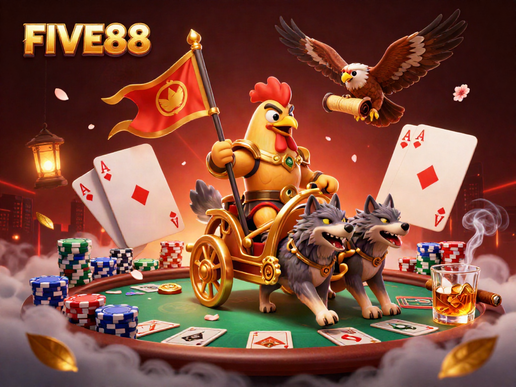 Experience the thrill at FIVE88 with a vibrant 3D illustrated casino scene filled with poker elements.