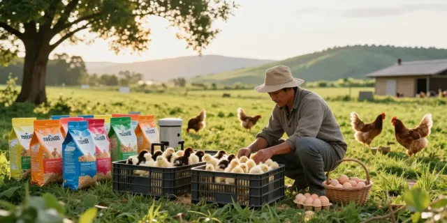 Healthy chicks and rokok88 feed in a vibrant poultry farm scene.