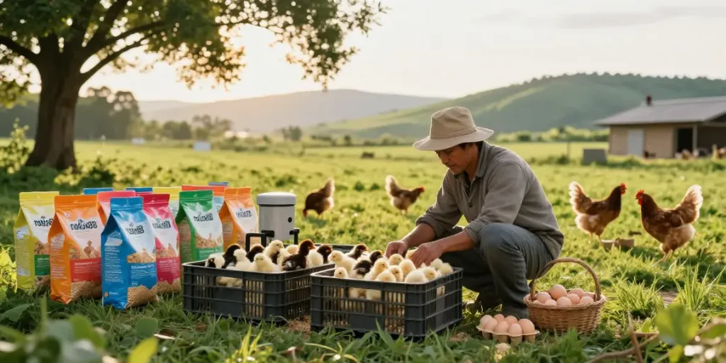 Healthy chicks and rokok88 feed in a vibrant poultry farm scene.