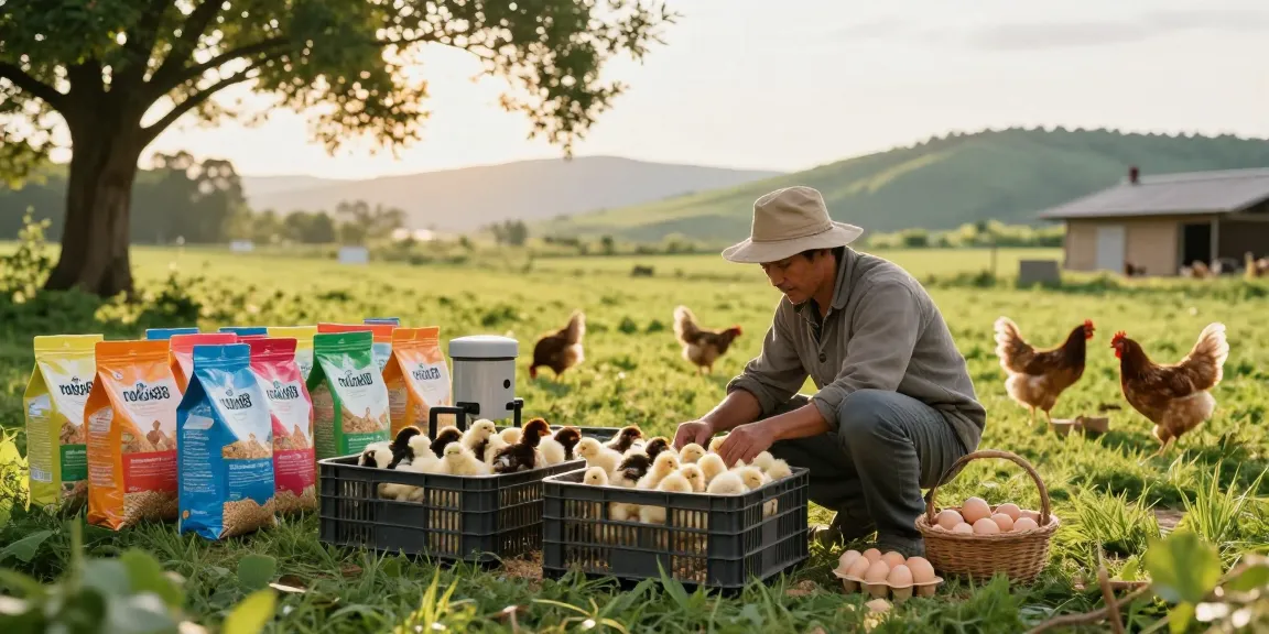 Healthy chicks and rokok88 feed in a vibrant poultry farm scene.