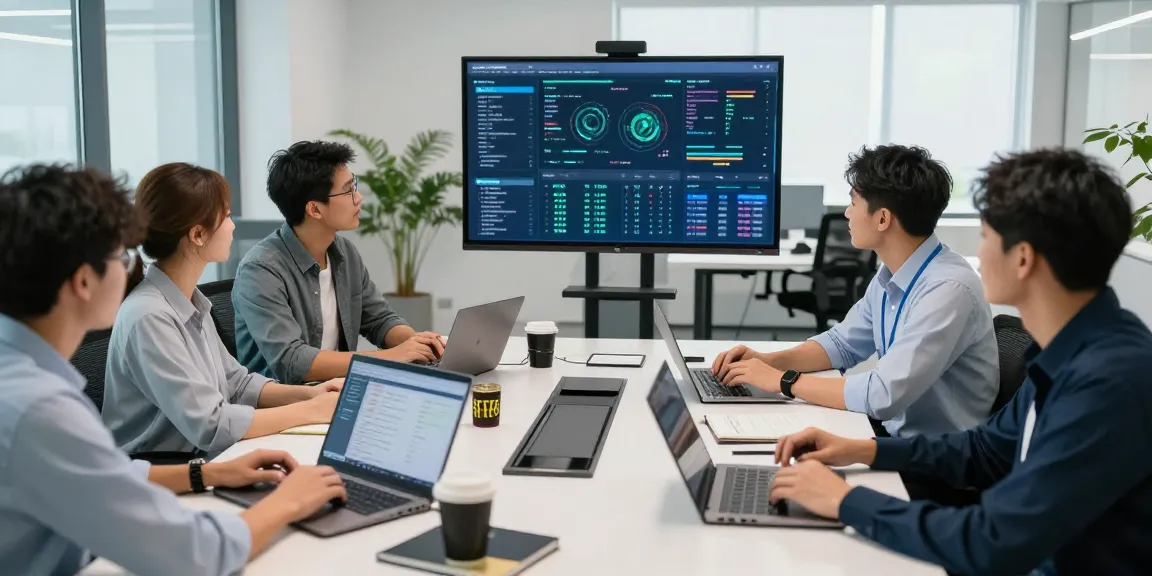 Dynamic office scene with IT support businesses team collaborating on project management and technical solutions.