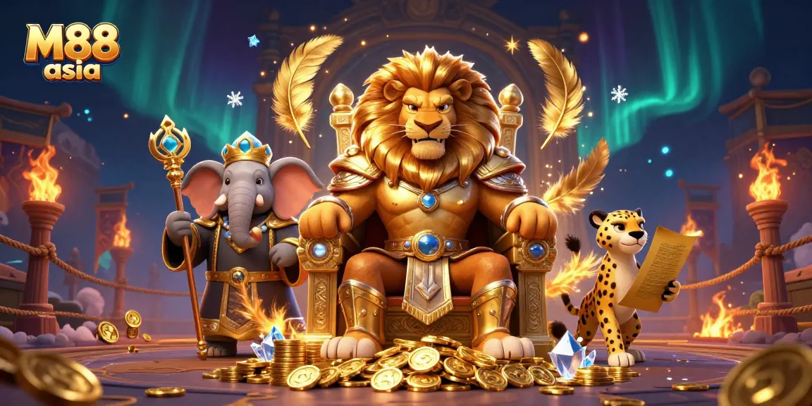 Experience exciting betting action at M88 asia with a vibrant scene featuring royal characters and golden treasures.