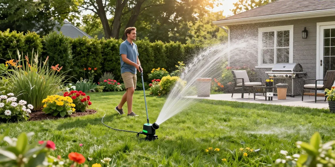 Efficient sprinkler system Ottawa watering a lush backyard garden, highlighting vibrant flowers and a stylish patio.