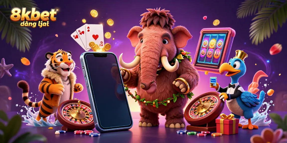 Experience the excitement of 8xbet đăng nhập with a vibrant casino scene featuring animated characters and games.