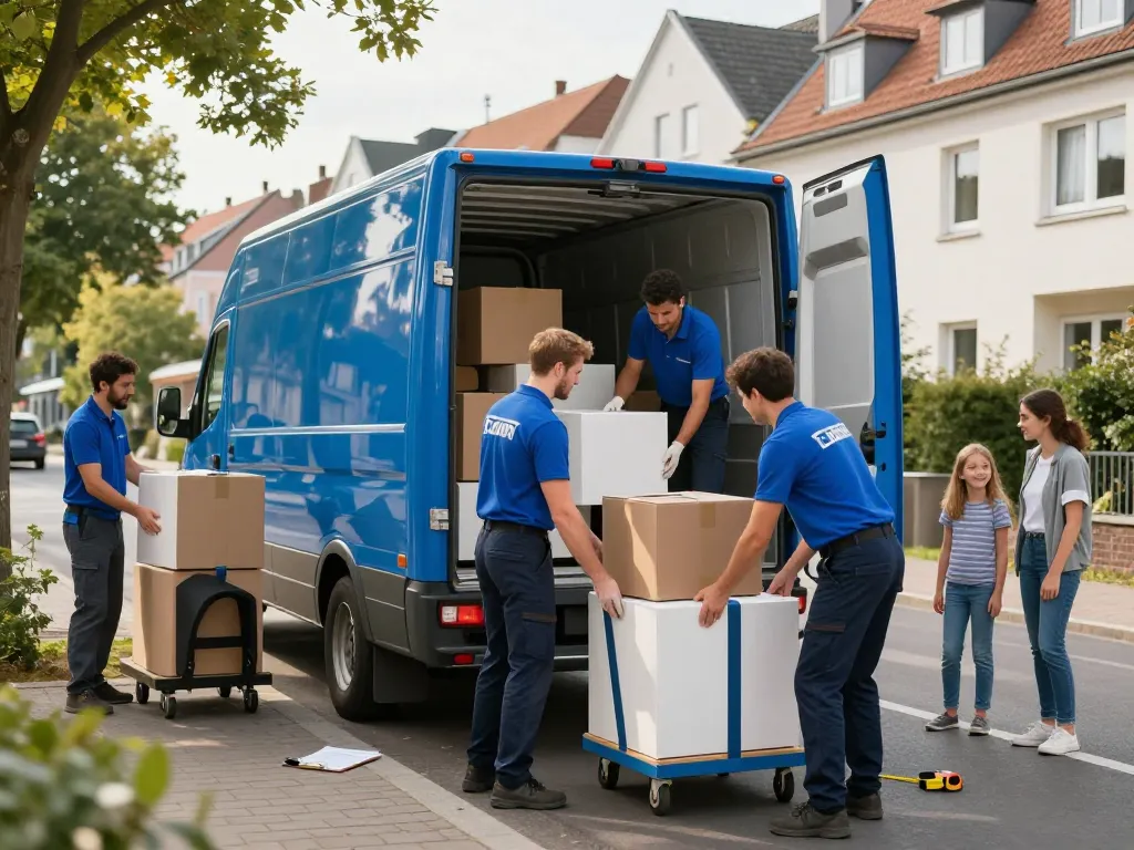 Professionelle Umzugshelfer von Umzugsunternehmen Hannover laden effizient einen Lkw, was für einen stressfreien Umzug steht.