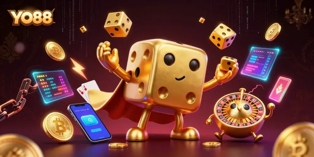 YO88 players enjoy thrilling games with a dynamic 3D casino scene showcasing vibrant energy and engaging elements.