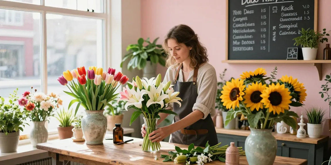St Albert florist arranging a colourful bouquet in a charming shop filled with seasonal flowers and inviting decor.