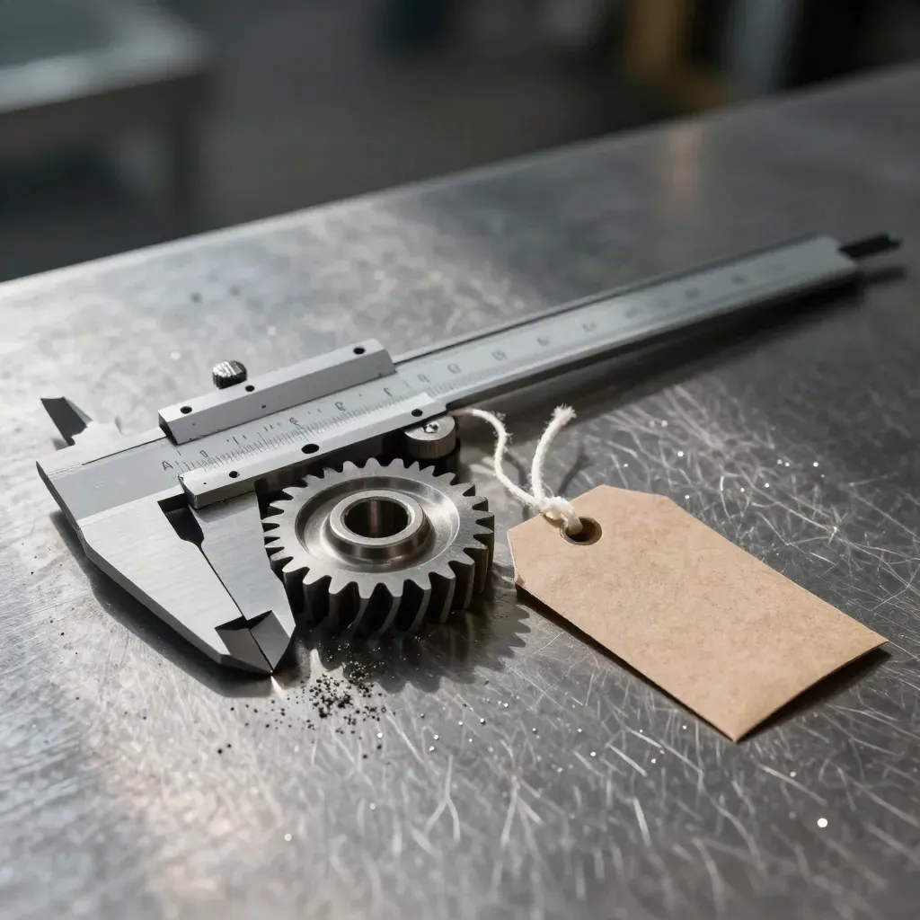 Top-down macro of calipers, a gear blank, and shipping tags on brushed steel.